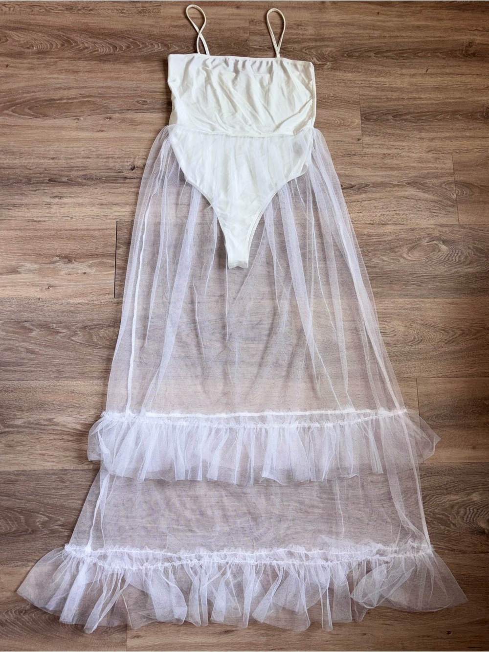 Sheer White Maxi Tulle Dress with Built-In Bodysuit